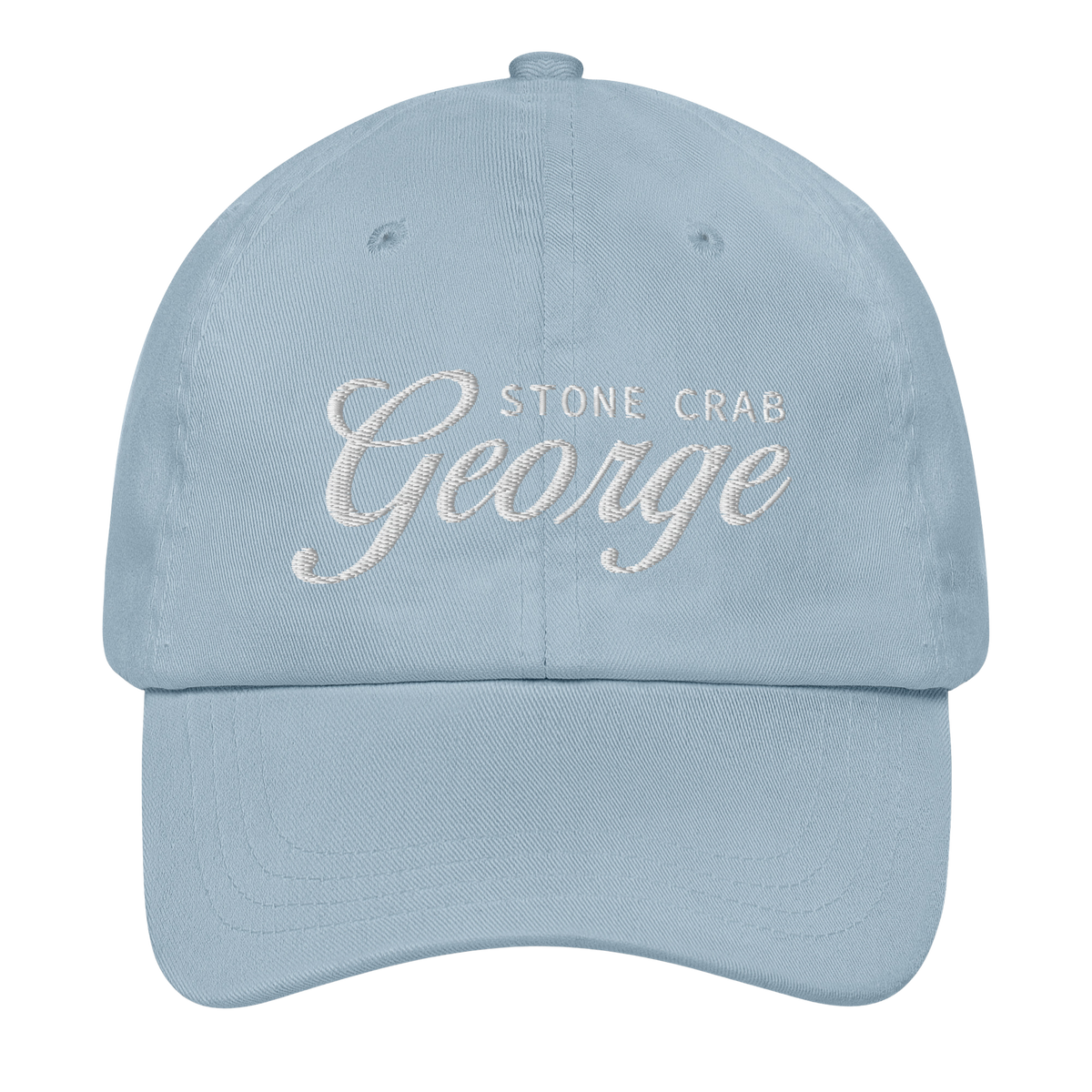 A light blue baseball cap with custom embroidered text reading 'STONE CRAB George' on the front, shown against a plain white background.
