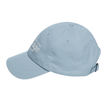 Light blue cap with text on a white background