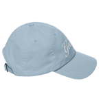 Pink cap with a brand logo on a white background
