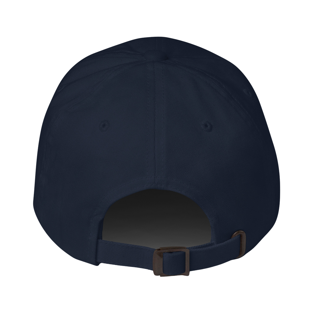 The back view of a dark navy blue baseball cap with an adjustable strap and metal buckle, isolated on a white background.