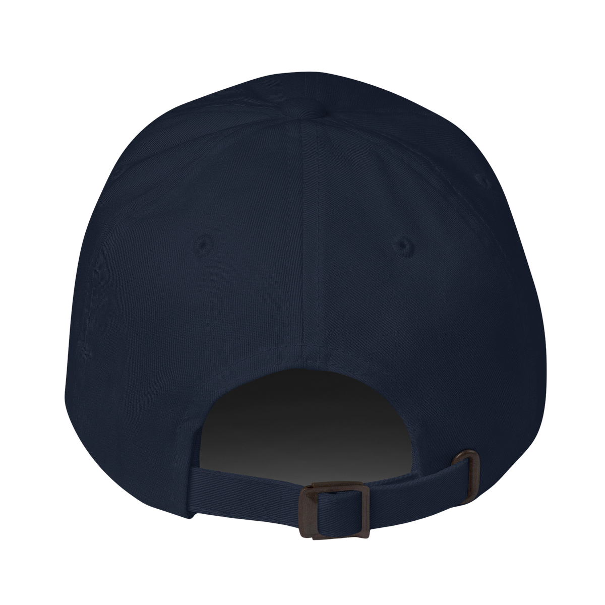 The back view of a dark navy blue baseball cap with an adjustable strap and metal buckle, isolated on a white background.